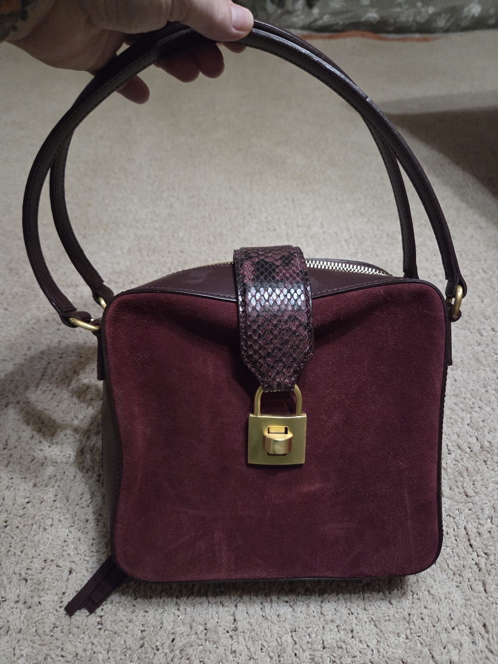 Suede Top-Handle Satchel in Burgundy with Gold Hardware